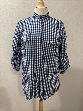 Tory Burch Blue and White Gingham Button-Front women Shirt chest pockets